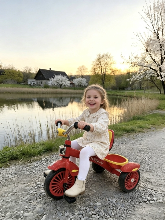 Pedalli bolalar uch g‘ildirakli velosipedi, chiroq va musiqa bilan, EVA g‘ildiraklar
