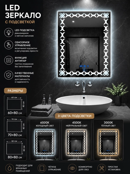 Настенное зеркало с LED-подсветкой, сенсорным управлением и функцией антизапотевания - 