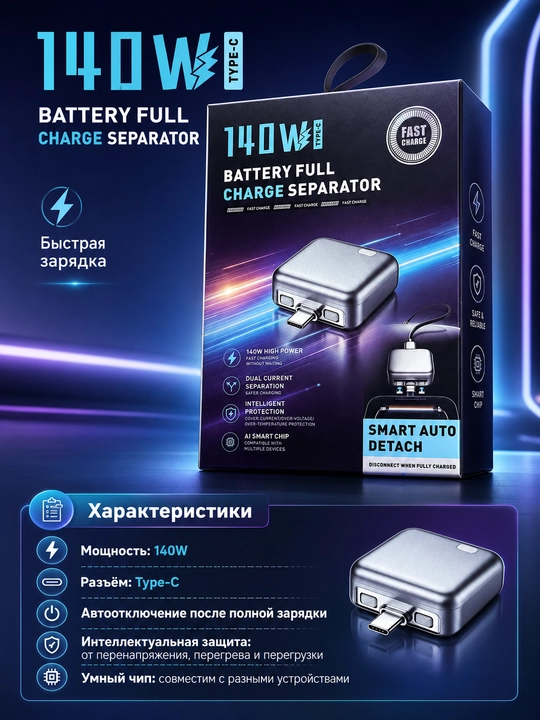 StopCharge Type-C 140W aqlli zaryad adapteri, avtomatik o‘chirish bilan - 