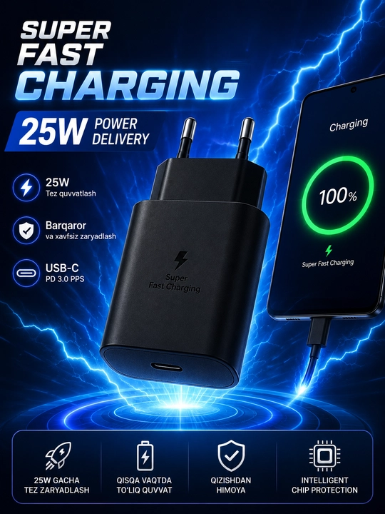 Samsung 25W USB-C PD Tezkor Zaryadlovchi Adapter EP-TA800 Original