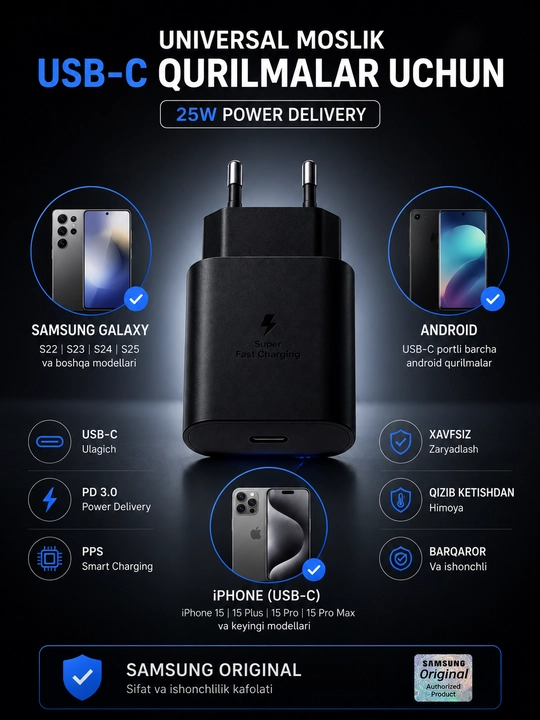 Samsung 25W USB-C PD Tezkor Zaryadlovchi Adapter EP-TA800 Original
