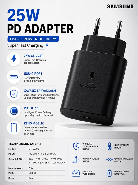 Samsung 25W USB-C PD Tezkor Zaryadlovchi Adapter EP-TA800 Original