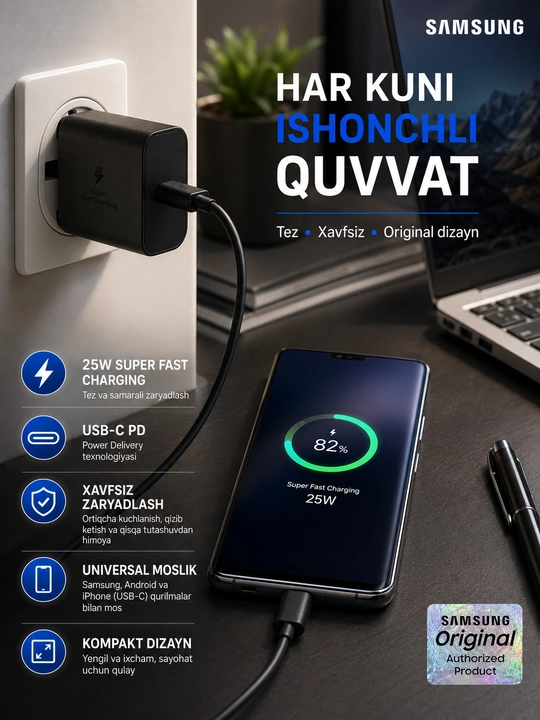 Samsung 25W USB-C PD Tezkor Zaryadlovchi Adapter EP-TA800 Original
