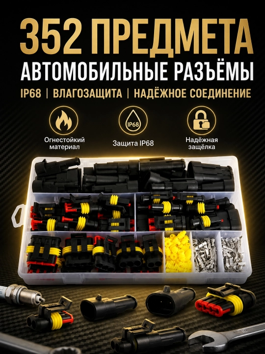 Набор автомобильных влагозащищённых разъёмов 1–4 pin мама-папа 352 шт для проводки - 