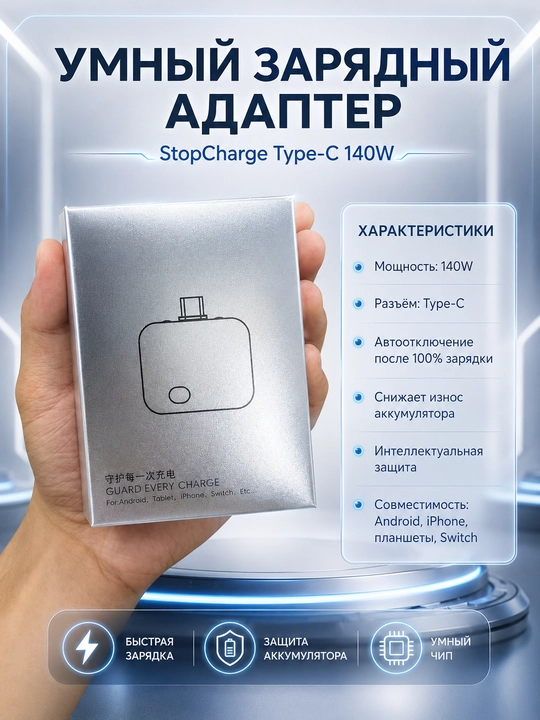 StopCharge Type-C aqlli zaryad adapteri, avtomatik o‘chirish bilan - 