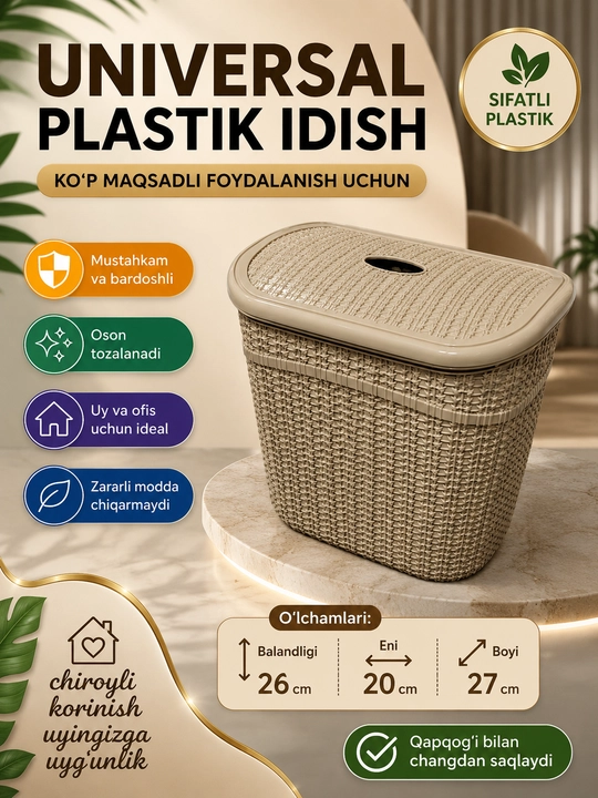 Universal plastik idish qopqoqli, saqlash qutisi, organizer, uy va ofis uchun 26×20×27 sm - 