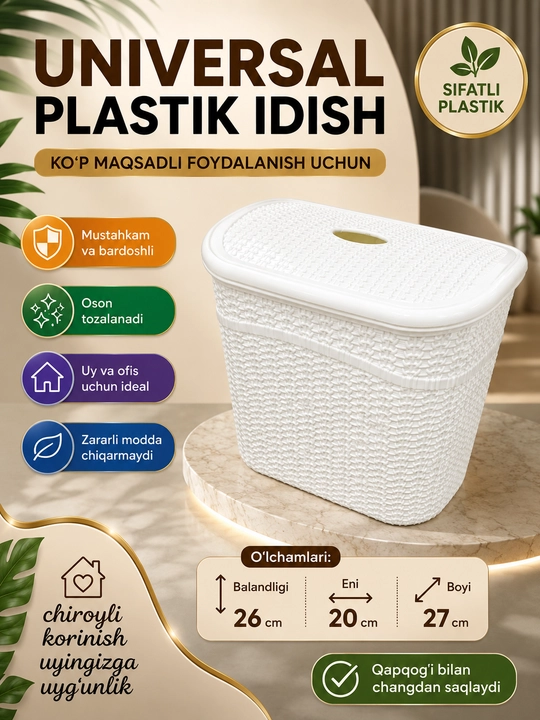 Universal plastik idish qopqoqli, saqlash qutisi, organizer, uy va ofis uchun 26×20×27 sm - 
