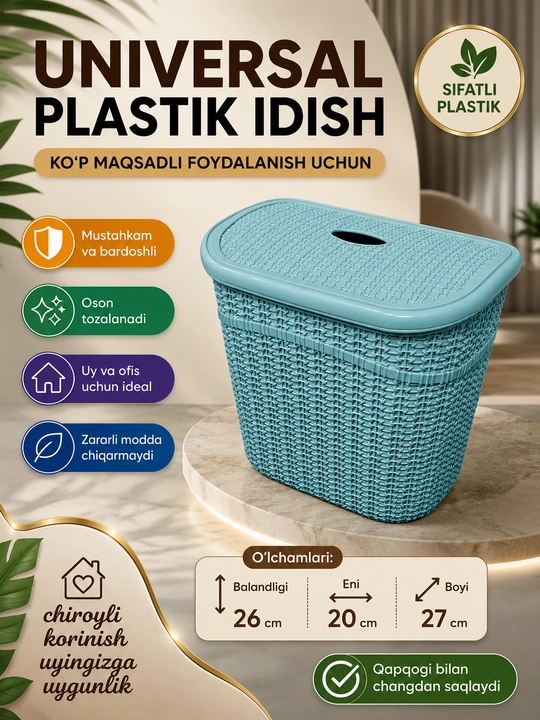 Universal plastik idish qopqoqli, saqlash qutisi, organizer, uy va ofis uchun 26×20×27 sm - 