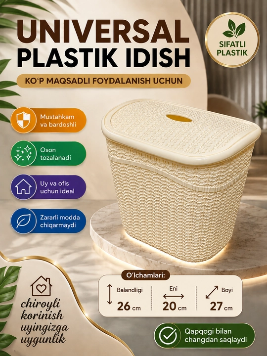 Universal plastik idish qopqoqli, saqlash qutisi, organizer, uy va ofis uchun 26×20×27 sm - 