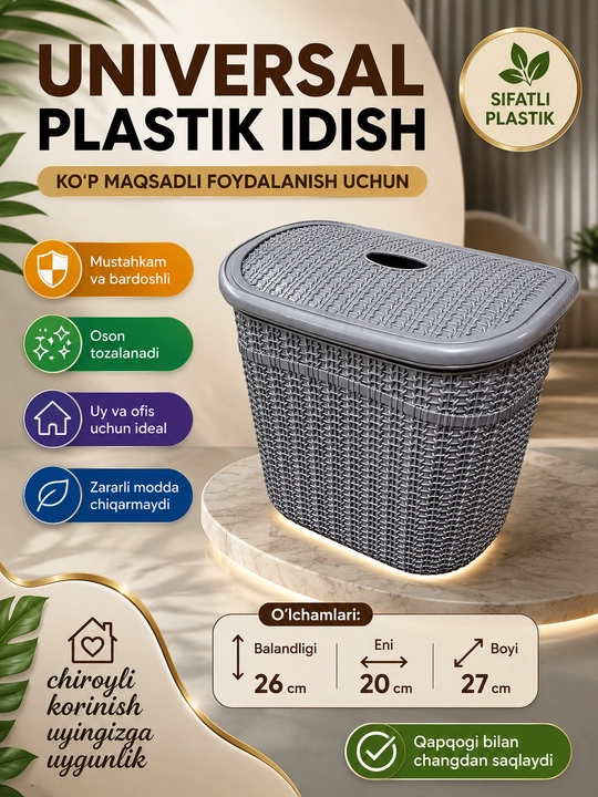 Universal plastik idish qopqoqli, saqlash qutisi, organizer, uy va ofis uchun 26×20×27 sm - 