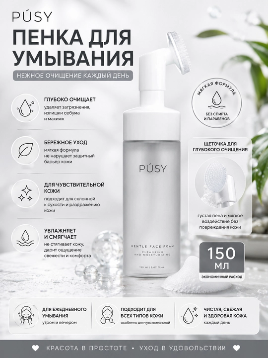 PÚSY Gentle Face Foam 150 мл — пенка для умывания с силиконовой щеточкой - 