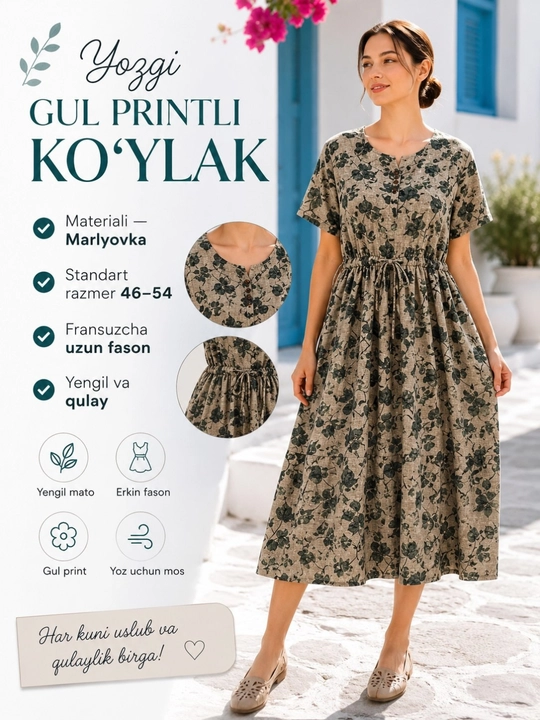 Yozgi gul printli ko‘ylak, marlyovka matoli, fransuzcha uzun fason, standart 46–52