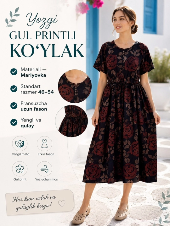Yozgi gul printli ko‘ylak, marlyovka matoli, fransuzcha uzun fason, standart 46–52
