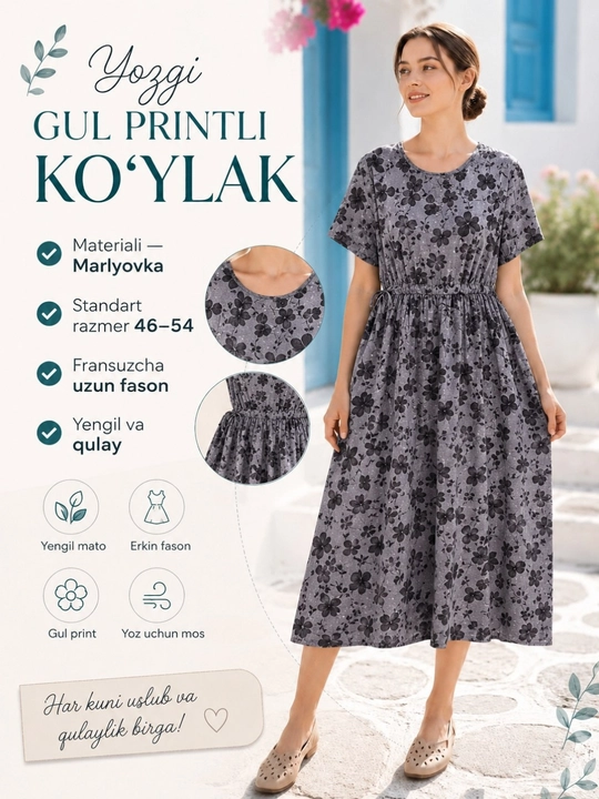Yozgi gul printli ko‘ylak, marlyovka matoli, fransuzcha uzun fason, standart 46–52