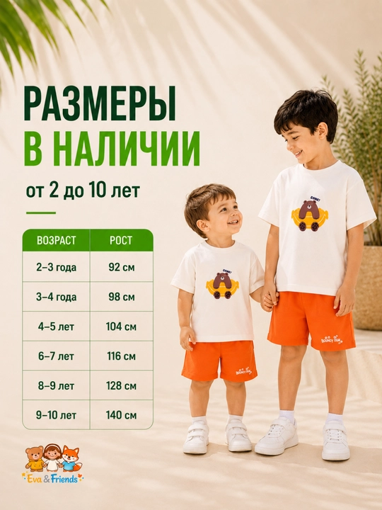 Bolalar yozgi sport kostyumi, futbolka va shortik, 100% paxta, o‘g‘il bolalar kiyimi