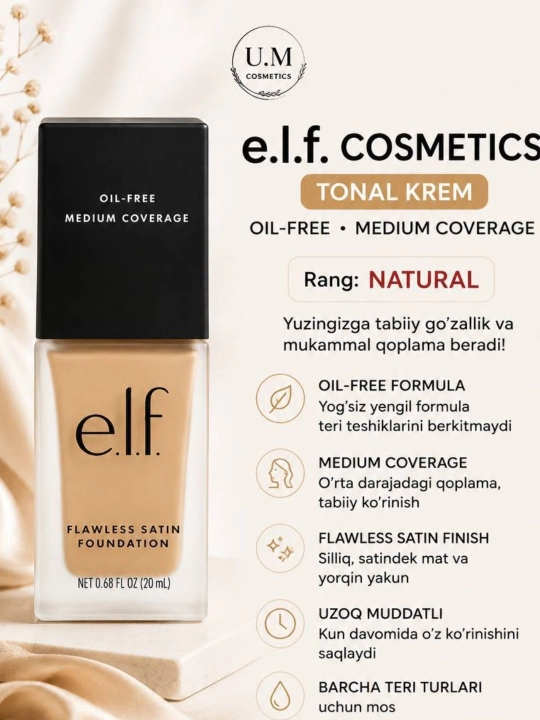 Tonal krem e.l.f. Flawless Satin Foundation, tabiiy - 