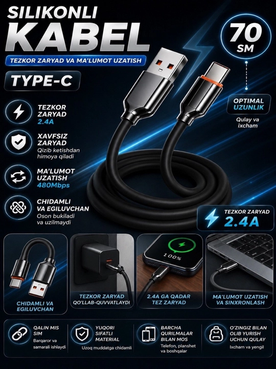 Silikon USB – Type-C kabel (70 sm, tezkor zaryadlash)