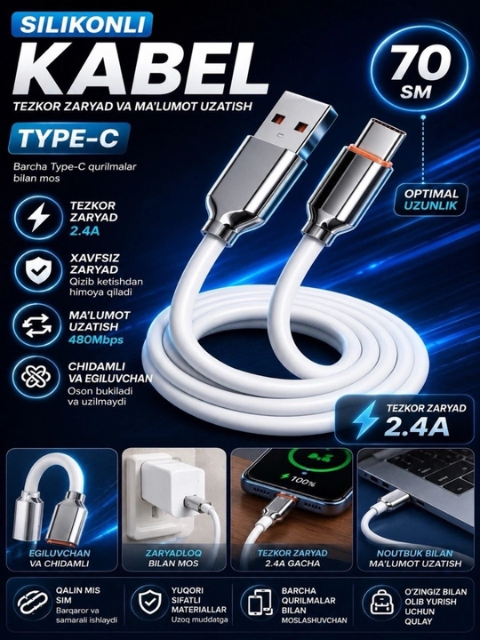 Silikon USB – Type-C kabel (70 sm, tezkor zaryadlash)