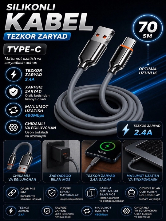 Silikon USB – Type-C kabel (70 sm, tezkor zaryadlash)