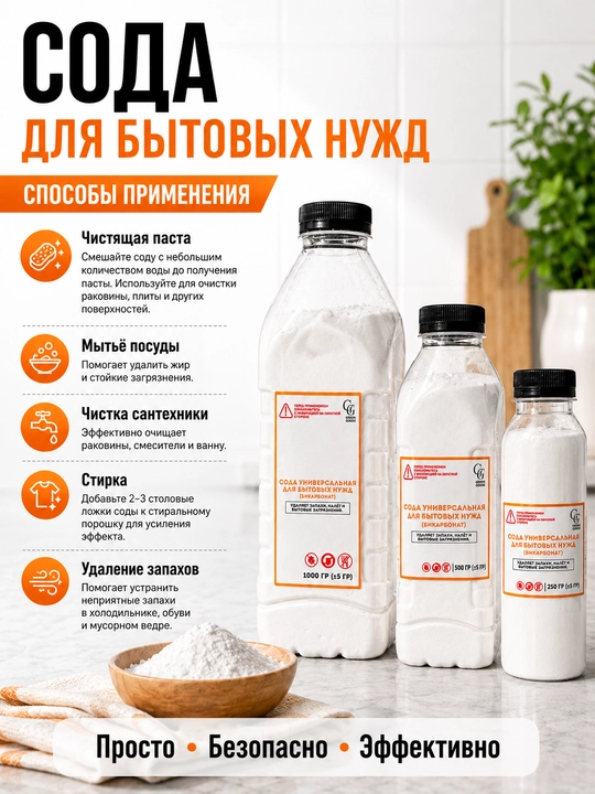 Osh sodasi uy tozalash uchun, 250 g, 500 g, 1000 g