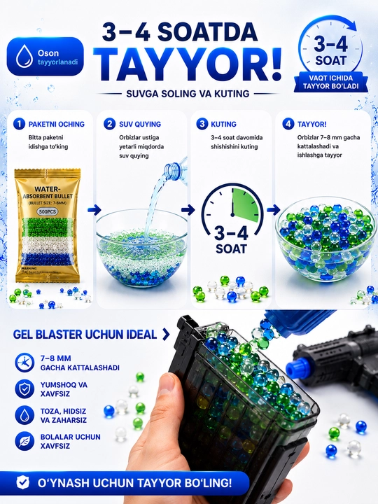 Orbiz, gel blaster uchun gidrogel sharchalar, 20 000 dan ortiq dona, 7-8 mm