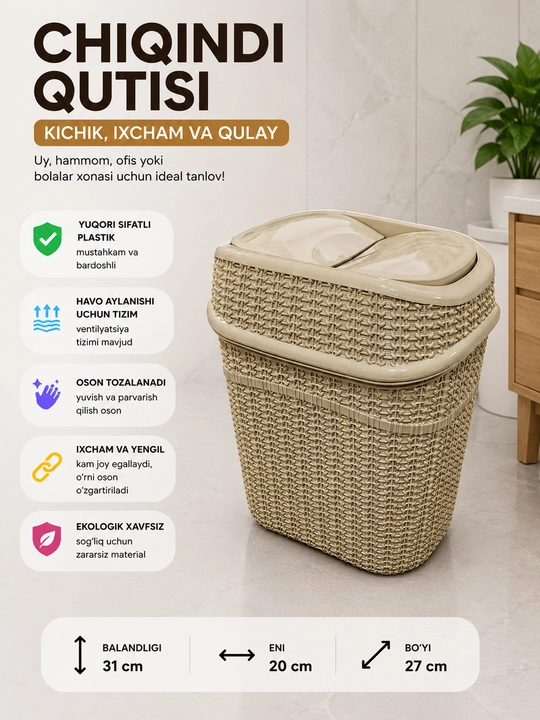 Oshxona, ofis, hammom uchun qopqoqli plastik chiqindi qutisi - 