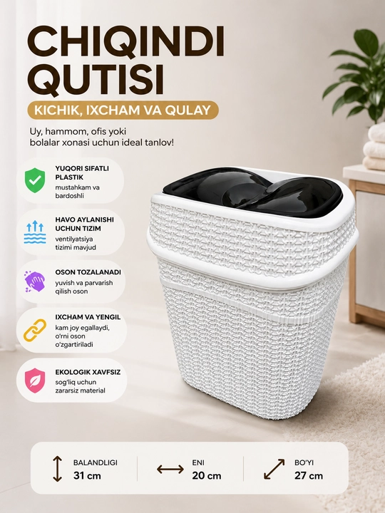 Oshxona, ofis, hammom uchun qopqoqli plastik chiqindi qutisi - 