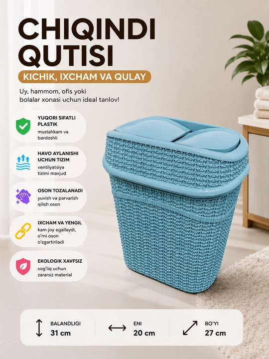 Oshxona, ofis, hammom uchun qopqoqli plastik chiqindi qutisi - 