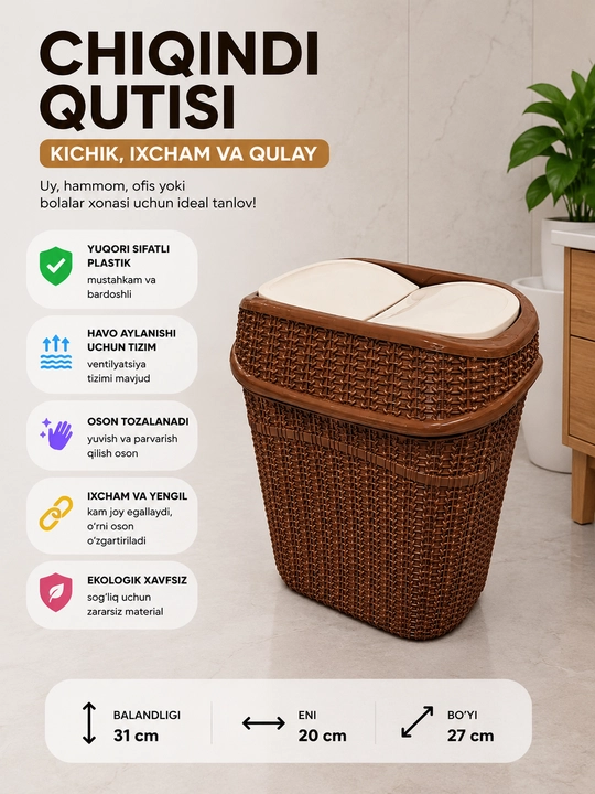 Oshxona, ofis, hammom uchun qopqoqli plastik chiqindi qutisi - 