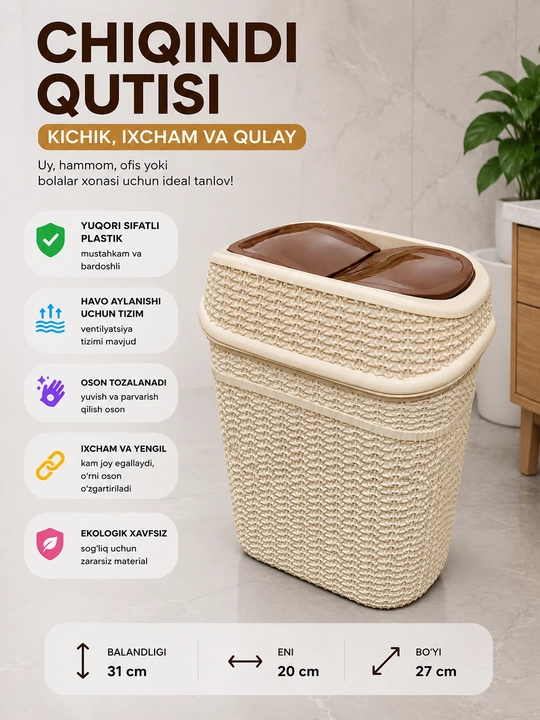 Oshxona, ofis, hammom uchun qopqoqli plastik chiqindi qutisi - 