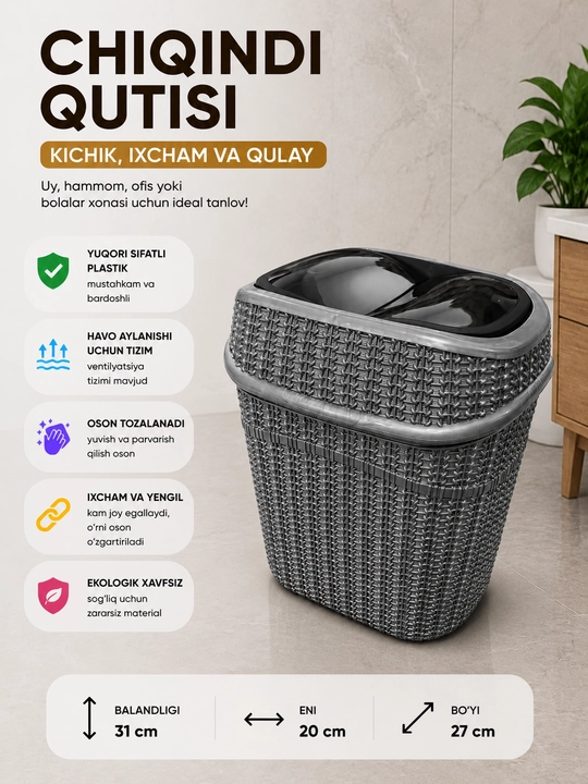 Oshxona, ofis, hammom uchun qopqoqli plastik chiqindi qutisi - 