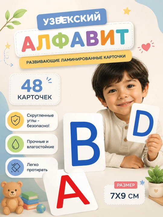 Laminatsiyalangan harflar, rivojlantiruvchi kartochkalar, rus, o‘zbek, arab, ingliz tillarida - 