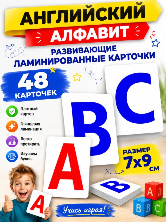 Laminatsiyalangan harflar, rivojlantiruvchi kartochkalar, rus, o‘zbek, arab, ingliz tillarida - 