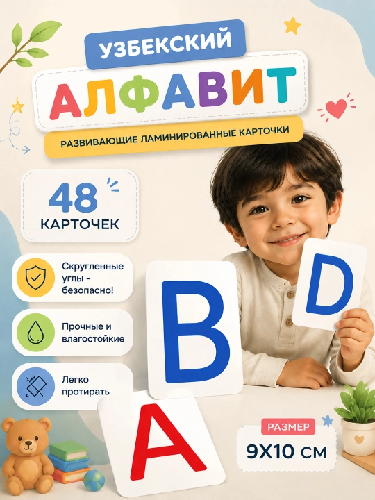 Laminatsiyalangan harflar, rivojlantiruvchi kartochkalar, rus, o‘zbek, arab, ingliz tillarida - 