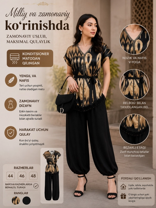 Ayollar kostyumi, milliy uslubda, konditsioner matodan, 44-48 o‘lchamlarda