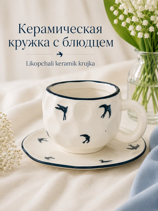 Likopchali keramik krujka 200 ml, qaldirg‘och bezakli