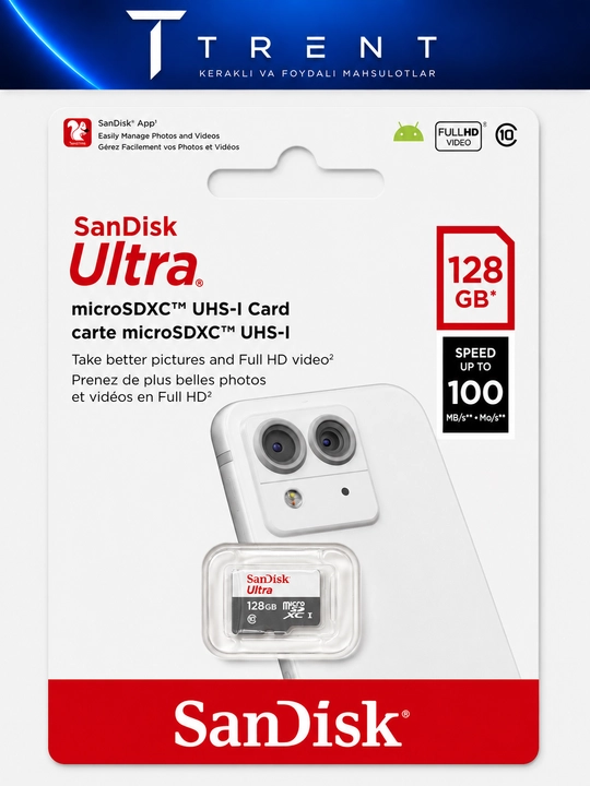 Карта памяти SanDisk Ultra microSD 16/64/128 ГБ, A1, UHS-I, до 100 МБ/с, флешка - 