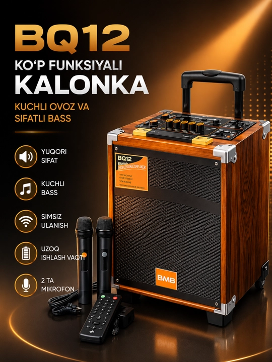 Портативная колонка B-Q12 , караоке Bluetooth с микрофоном и пультом, беспроводная bq12 - 