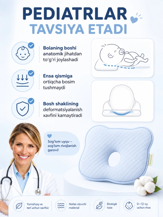 Yangi tug‘ilgan chaqaloqlar uchun ortopedik yostiq, anatomik, boshni to‘g‘ri shakllantirish uchun