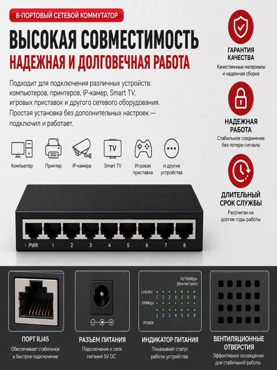 Коммутатор сетевой RJ45 5/8 портов, Ethernet Switch, LAN для дома, офиса и IP-камер
