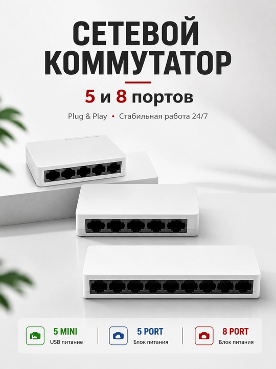 Коммутатор сетевой RJ45 5/8 портов, Ethernet Switch, LAN для дома, офиса и IP-камер