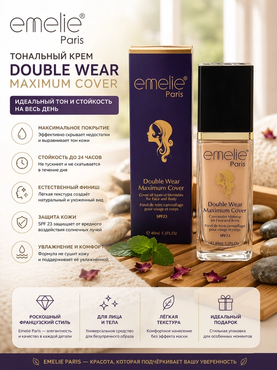 Emelie Paris tonal kremi yuqori daraja qoplama va SPF 25 quyoshdan himoya xususiyatiga ega - 