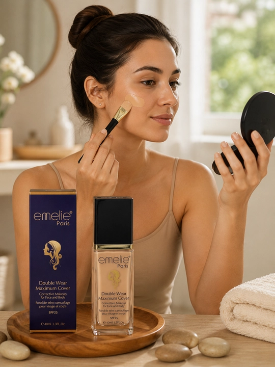 Emelie Paris tonal kremi yuqori daraja qoplama va SPF 25 quyoshdan himoya xususiyatiga ega