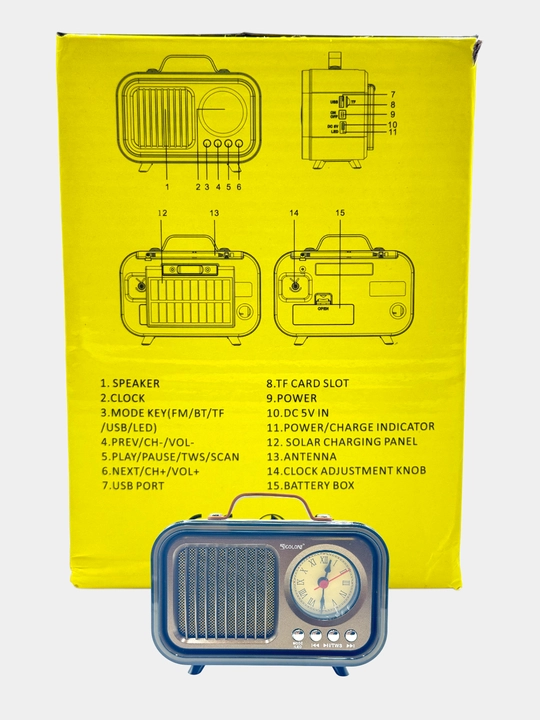 Retro Mini Radio O'rnatilgan soat va quyosh paneli Bluetooth