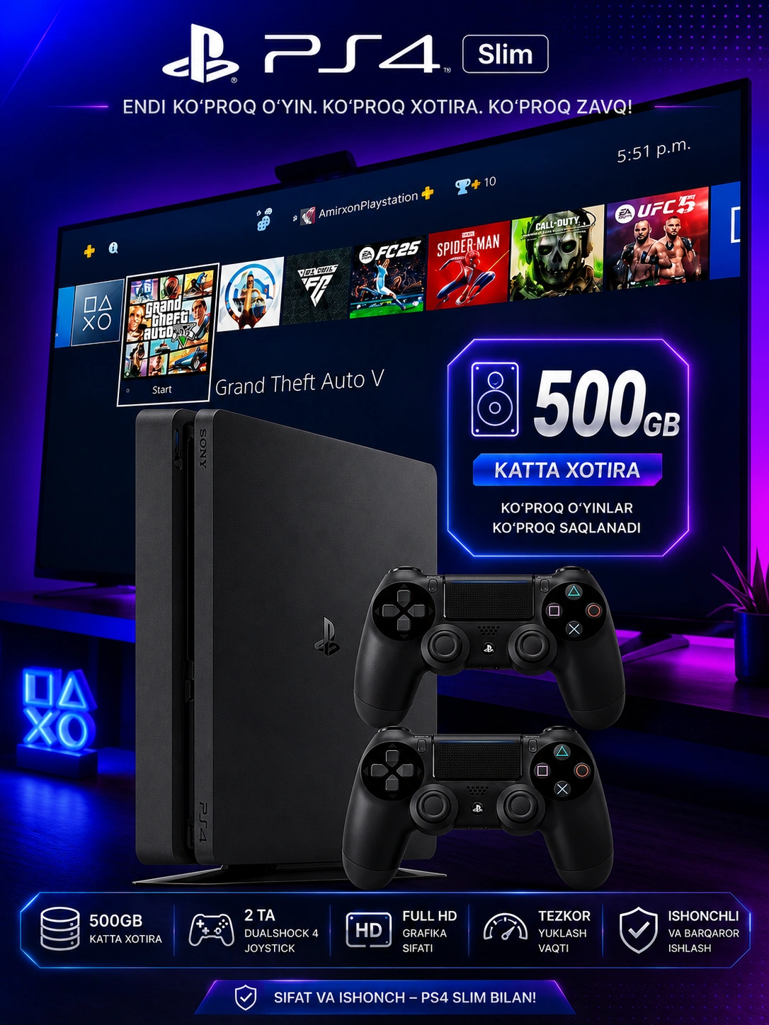 PS4 Slim — 500GB / 1TB | 1–4 джойстика за 2700000 сум по лучшей цене. Uzum Market