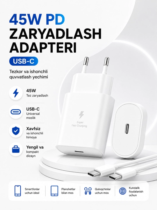 Адаптер, зарядное устройство 45WT/Ватт PD быстрозаряжающий с кабелем Type-C 5A - 