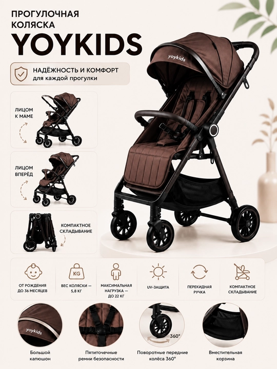 Прогулочная коляска YOYKIDS, 5,8 кг, с перекидной ручкой - 