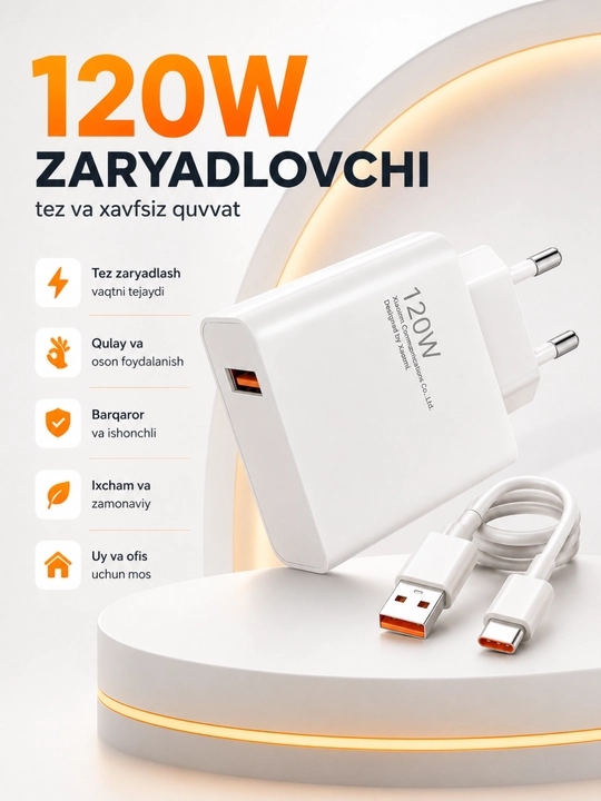 Сетевое зарядное устройство 120W Fast Charging с кабелем USB-A – Type-C, белое - 
