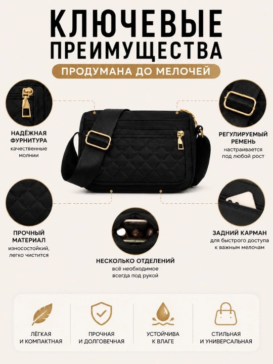 Сумка через плечо, женская, ткань оксфорд, кросс-боди, чёрная, маленькая