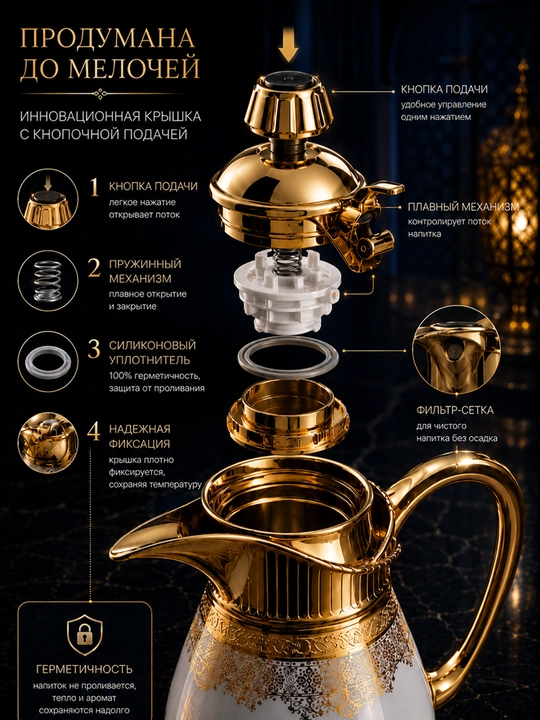 Termos – ko'zacha (grafin), 3-in-1, zanglamaydigan po'lat, issiqni 24 soatgacha saqlaydi